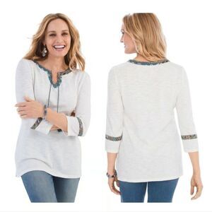 Chicos Printed Trim Tassel Top Womens 1 Medium White 3/4 Sleeve Boho Tunic